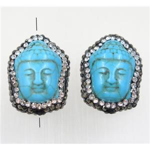 blue Synthetic turquoise buddha bead paved rhinestone, dye, approx 22-32mm