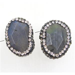 Labradorite beads paved rhinestone, faceted freeform, approx 15-22mm