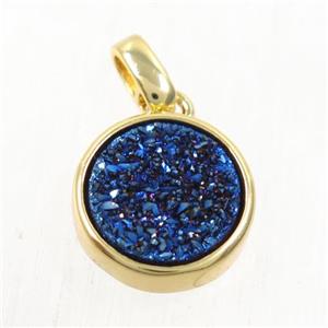 blue Druzy Agate pendant, flat round, gold plated, approx 11mm dia