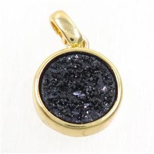 black Druzy Agate pendant, flat round, gold plated, approx 11mm dia