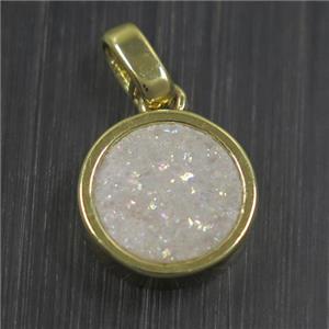 white AB-color Druzy Agate pendant, flat round, gold plated, approx 11mm dia