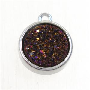 purple Druzy Agate pendant, flat round, platinum plated, approx 12mm dia