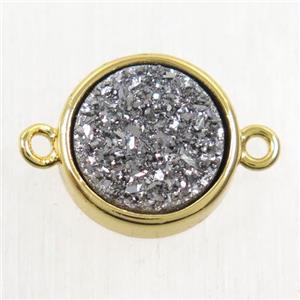 silver Druzy Agate connector, flat round, gold plated, approx 12mm dia