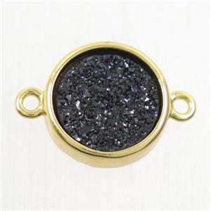 black Druzy Agate connector, flat round, gold plated, approx 12mm dia