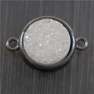 white AB-color Druzy Agate connector, flat round, black plated, approx 12mm dia
