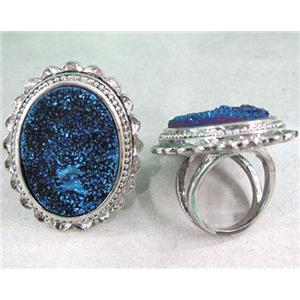 blue electroplated druzy agate ring, oval, approx 22x30mm, 19.5mm dia