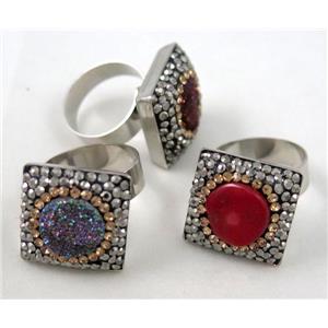mixed gemstone ring paved rhinestone, platinum plated, approx 20x20mm, 18mm dia