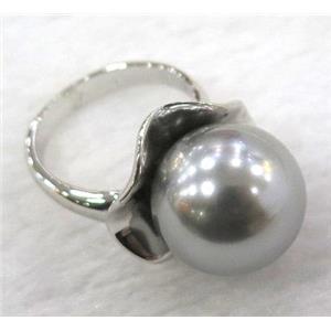 gray Pearlized Shell Ring, copper, platinum plated, approx 16mm
