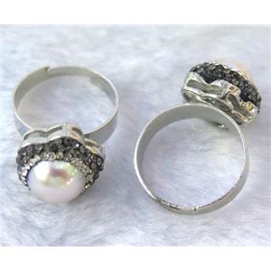 Pearl ring paved rhinestone, approx 10mm bead