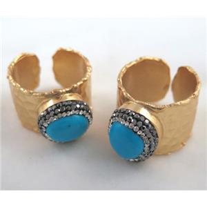 copper ring paved rhinestone turquoise, approx 20mm dia