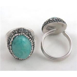 925 sterling silver ring paved amazonite, rhinestone, approx 12-20mm