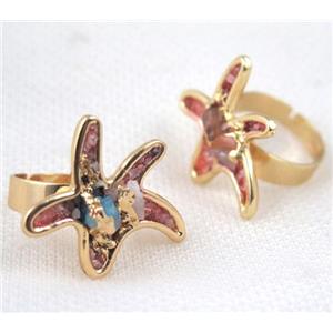 Fluorite ring, starfish, copper, gold plated, approx 28mm