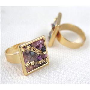 Fluorite ring, square, copper, gold plated, approx 18mm dia