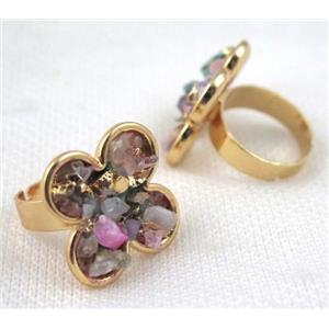 Fluorite ring, four-leaf clover, copper, gold plated, approx 23mm