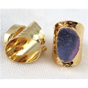 purple druzy quartz ring, copper, gold plated, approx 15-22mm