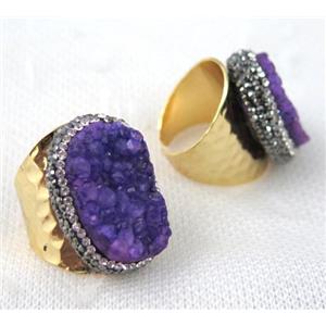 purple druzy quartz ring pave rhinestone, copper, gold plated, approx 20-28mm