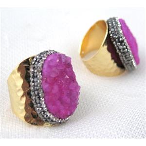 pink druzy quartz ring pave rhinestone, copper, gold plated, approx 20-28mm