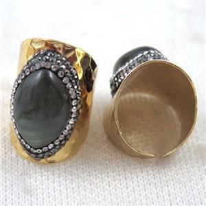 horse-eye labradorite ring paved rhinestone, copper, gold plated, approx 15x20mm, 22mm dia