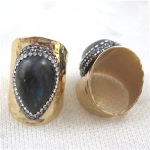 teardrop labradorite ring paved rhinestone, copper, gold plated, approx 15x20mm, 22mm dia