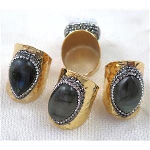 labradorite ring paved rhinestone, copper, gold plated, approx 20mm, 22mm dia