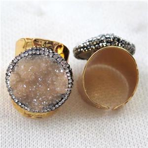 champagne Agate druzy Ring paved rhinestone, copper, gold plated, approx 20mm, 22mm dia