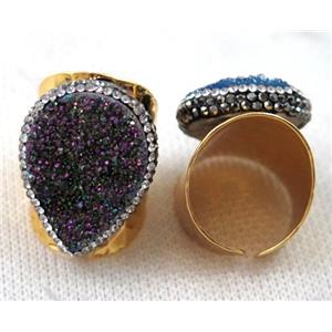purple Agate druzy Ring paved rhinestone, copper, gold plated, approx 18x25mm, 22mm dia