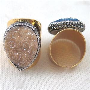 champagne Agate druzy Ring paved rhinestone, copper, gold plated, approx 18x25mm, 22mm dia