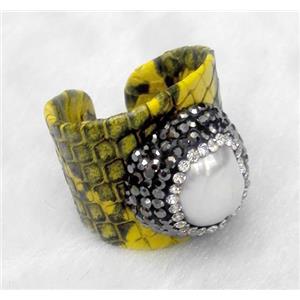 white freshwater pearl pave rhinestone, yellow snakeskin alloy ring, approx 20mm dia