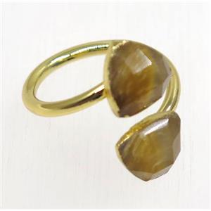 natural yellow Tiger ey stone ring, faceted triangle, gold plated, approx 8-20mm