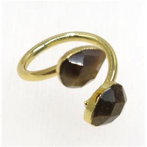 natural yellow Tiger ey stone ring, faceted teardrop, gold plated, approx 8-20mm