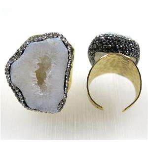 white druzy agate ring paved rhinestone, gold plated, approx 20-30mm, 20mm