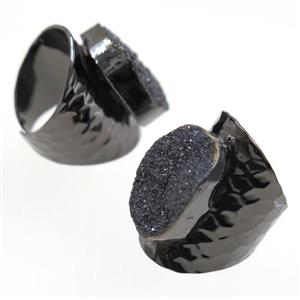 black Druzy Agate Ring, copper, black plated, approx 15-22mm
