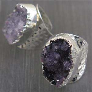 druzy Amethyst copper Ring, silver plated, approx 20-25mm