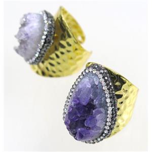 Druzy Amethyst copper Ring paved rhinestone, gold plated, approx 20-25mm