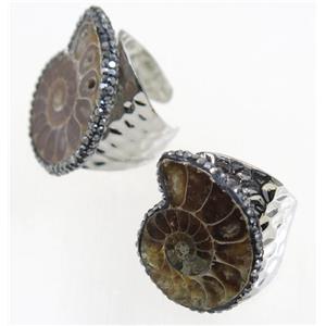 Ammonite Fossil copper Ring paved rhinestone, silver plated, approx 20-25mm