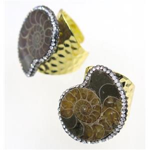 Ammonite Fossil copper Ring paved rhinestone, gold plated, approx 20-25mm