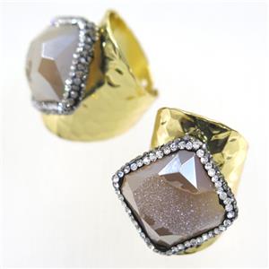 champagne Druzy Agate geode copper Ring pave rhinestone, gold plated, approx 20-25mm