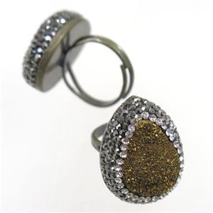 golden Quartz Druzy Ring paved rhinestone, teardrop, approx 19mm dia