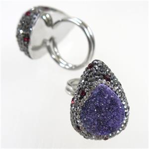 purple Quartz Druzy Ring paved rhinestone, teardrop, approx 19mm dia