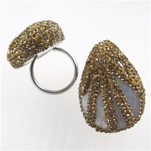 white freshwater Shell ring paved yellow rhinestone, teardrop, approx 18mm dia, 27-38mm