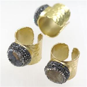 quartz druzy ring paved rhinestone, gold plated, approx 18mm dia