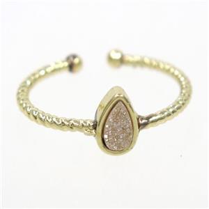 gold champagne druzy quartz ring, teardrop, gold plated, approx 6mm, 18mm dia
