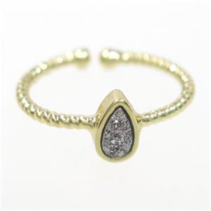 silver druzy quartz ring, teardrop, gold plated, approx 6mm, 18mm dia