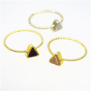 mix color druzy quartz ring, triangle, gold plated, approx 6mm, 18mm dia