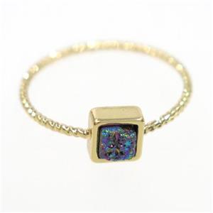 rainbow druzy quartz ring, square, gold plated, approx 6mm, 18mm dia
