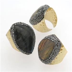 Labradorite Rings Paved Rhinestone, copper, gold plated, approx 20-28mm