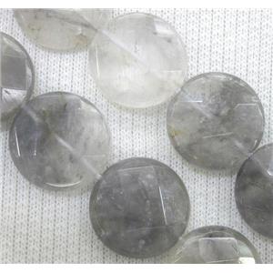 natural cloudy quartz beads, grey, faceted flat-round, approx 16mm dia
