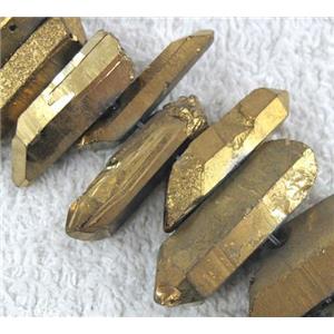 clear quartz stick bead, freeform, gold electroplated, approx 20-40mm, 5-8mm thickness