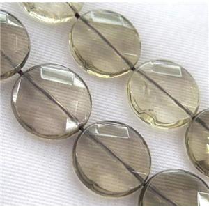 smoky quartz beads, faceted flat-round, approx 30mm dia