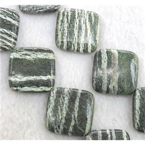 Natural Green Silver-line Jasper Beads, corner-drilled square, approx 30x30mm, 15.5 inches